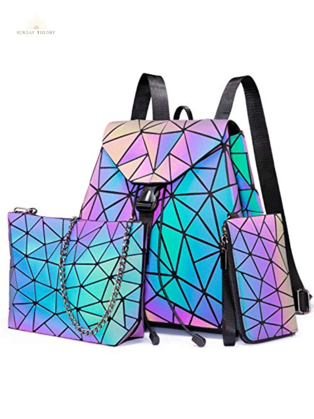 Geometric Reflective Crossbody Bag Set with Backpack and Wallet, Holographic